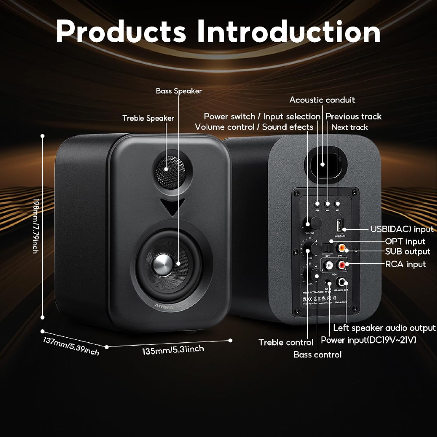 AIYIMA S400 Parlantes Stereo Activos tipo Bookshelf de 80 Watts con salida para Subwoofer (Open Box)