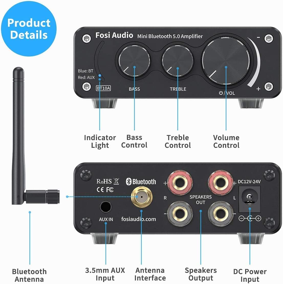 Amplificador de audio estéreo Fosi Audio BT10A con Bluetooth 5.0