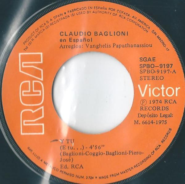 Claudio Baglioni – Y Tú (En Español) [7", 45 RPM, Single] (Usado)