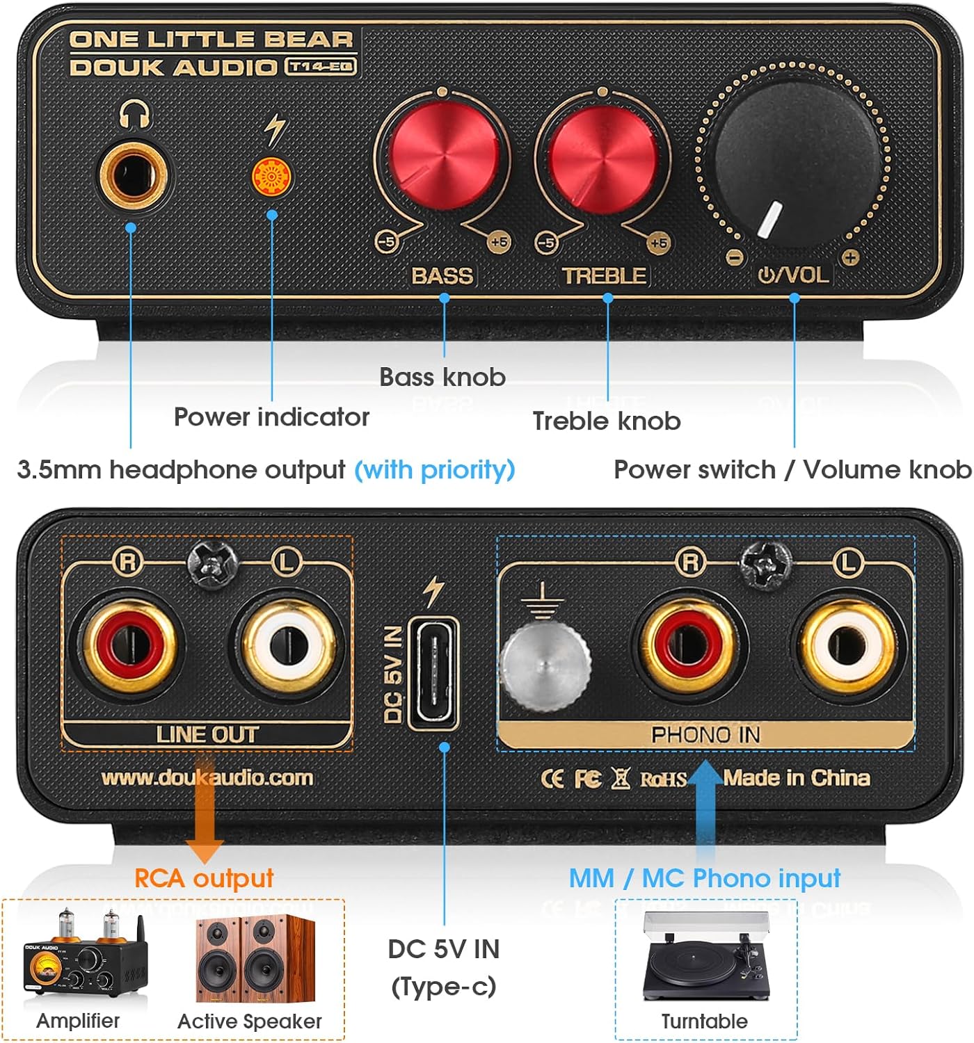 Preamplificador para tornamesa mini Douk Audio T14-EQ