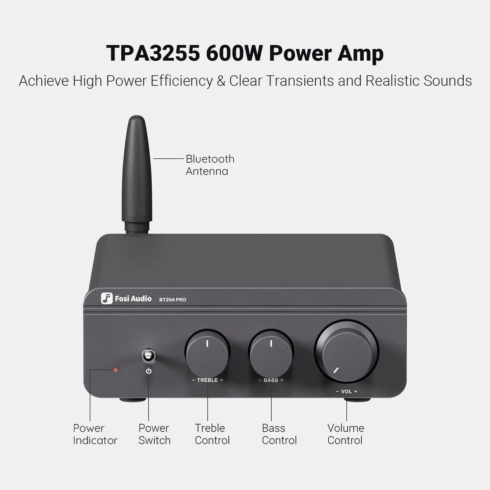 Amplificador estereo con bluetooth para parlantes pasivos Fosi Audio BT20A Pro