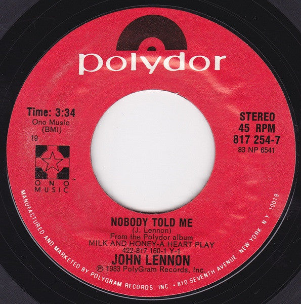 John Lennon ‎– Nobody Told Me [7" 45 RPM Single] (Usado)