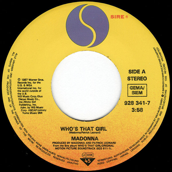 Madonna ‎– Who's That Girl [7" 45 RPM Single] (Usado)