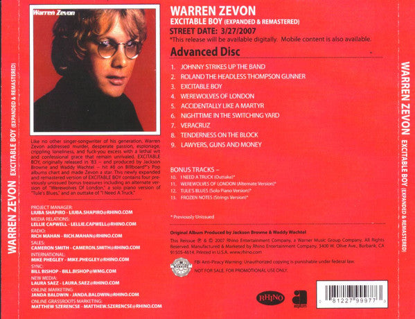 Warren Zevon – Excitable Boy [CD Nuevo] 💿 🇺🇸