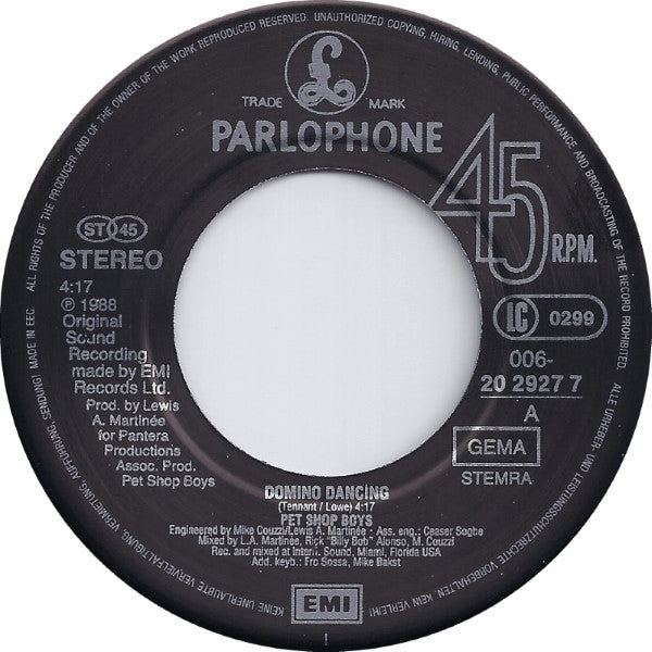 Pet Shop Boys – Domino Dancing [7" 45 RPM Single] (Usado)